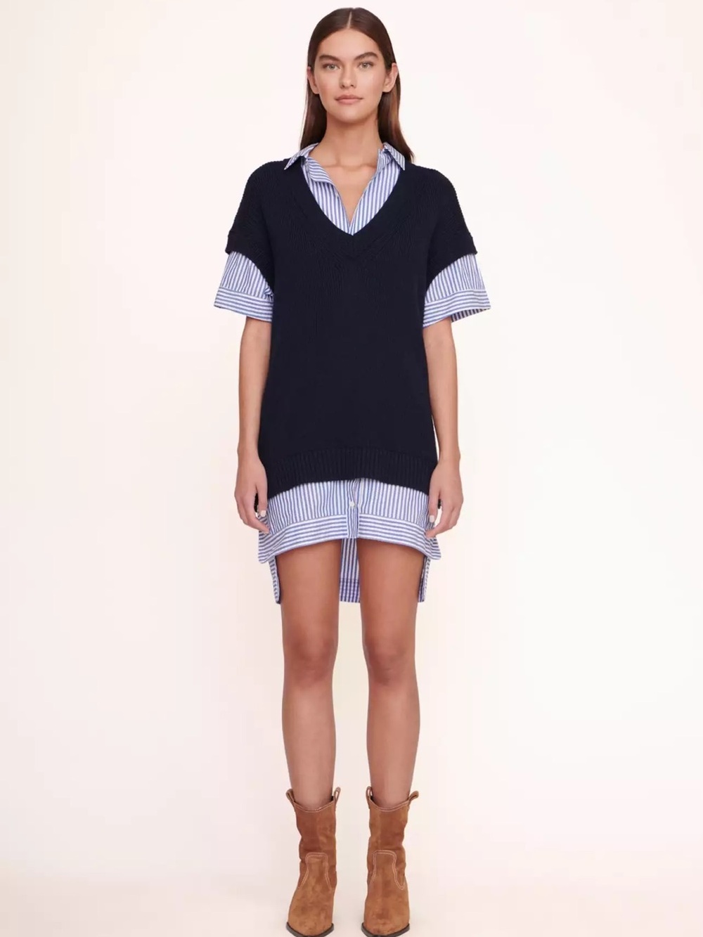 STAUD Navy Knit V-Neck Layered Shirt Dress with Blue-White Stripes